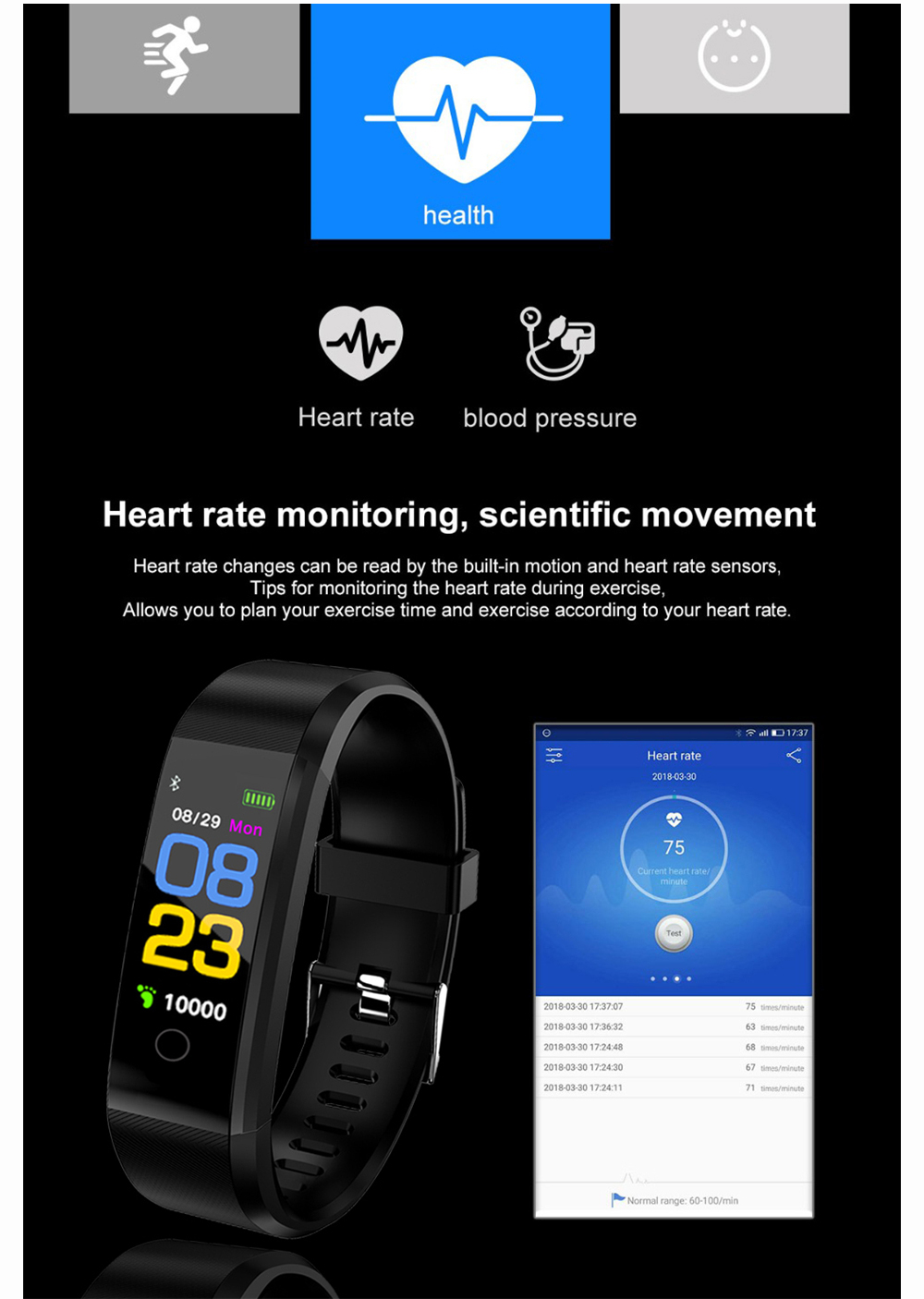 K4 Smart Bracelet Men Women Sport Smartwatch Bluetooth Heart Rate Blood Pressure Oxygen Sleep Monitor Pedometer- Black
