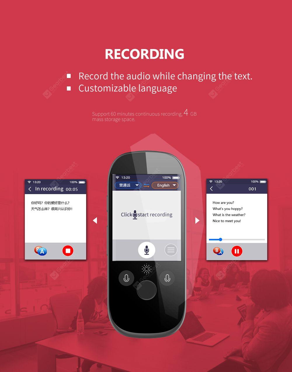 Boeleo K1 Pro 75 Languages Support / 60 Minutes Recording / 5 Offline Translation 2.4 inch AI Touch Control Voice Translator- Gray